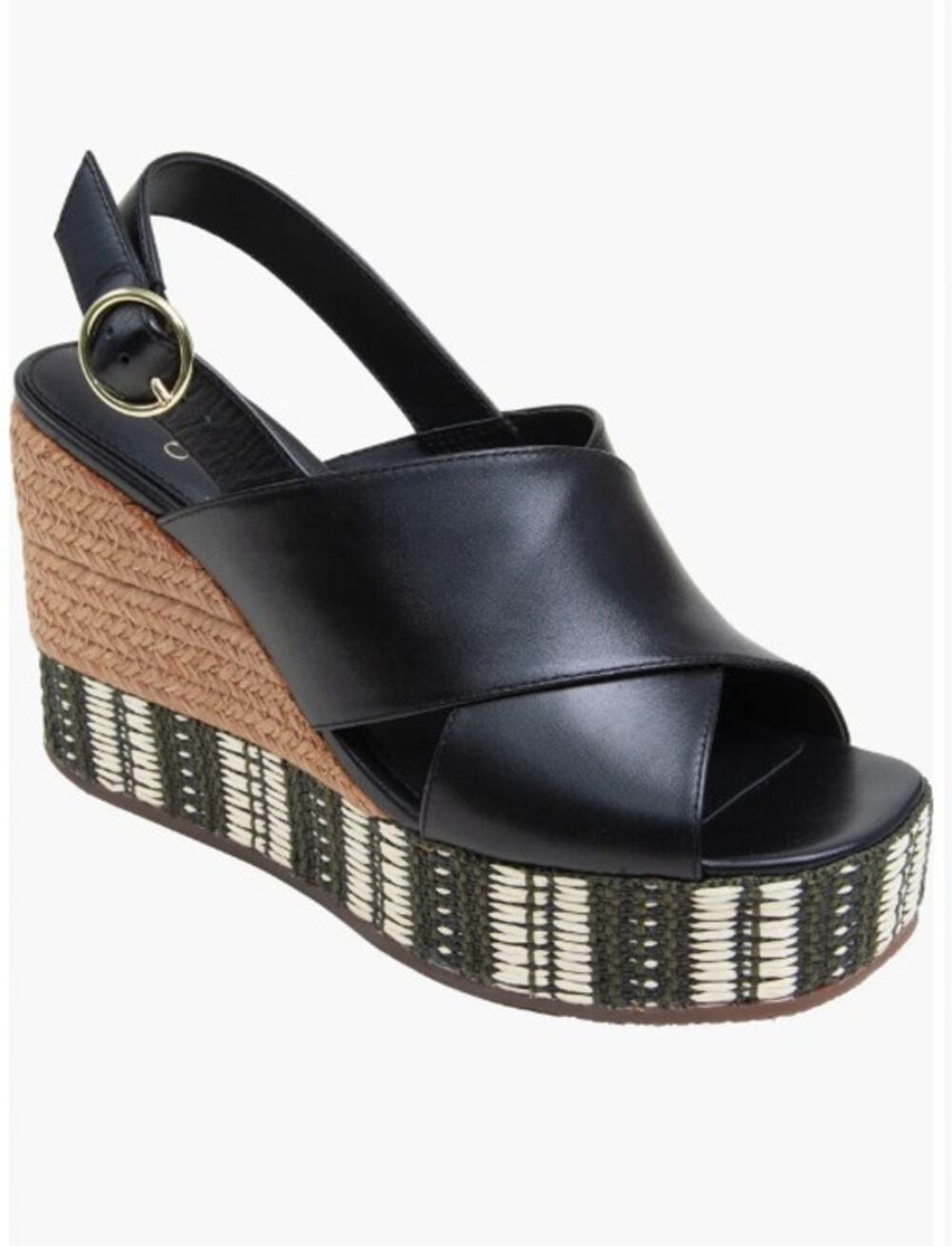 Linea Paolo Valery Black Polish Calf Leather  Wedge Sandals sz 8 Open toe $139